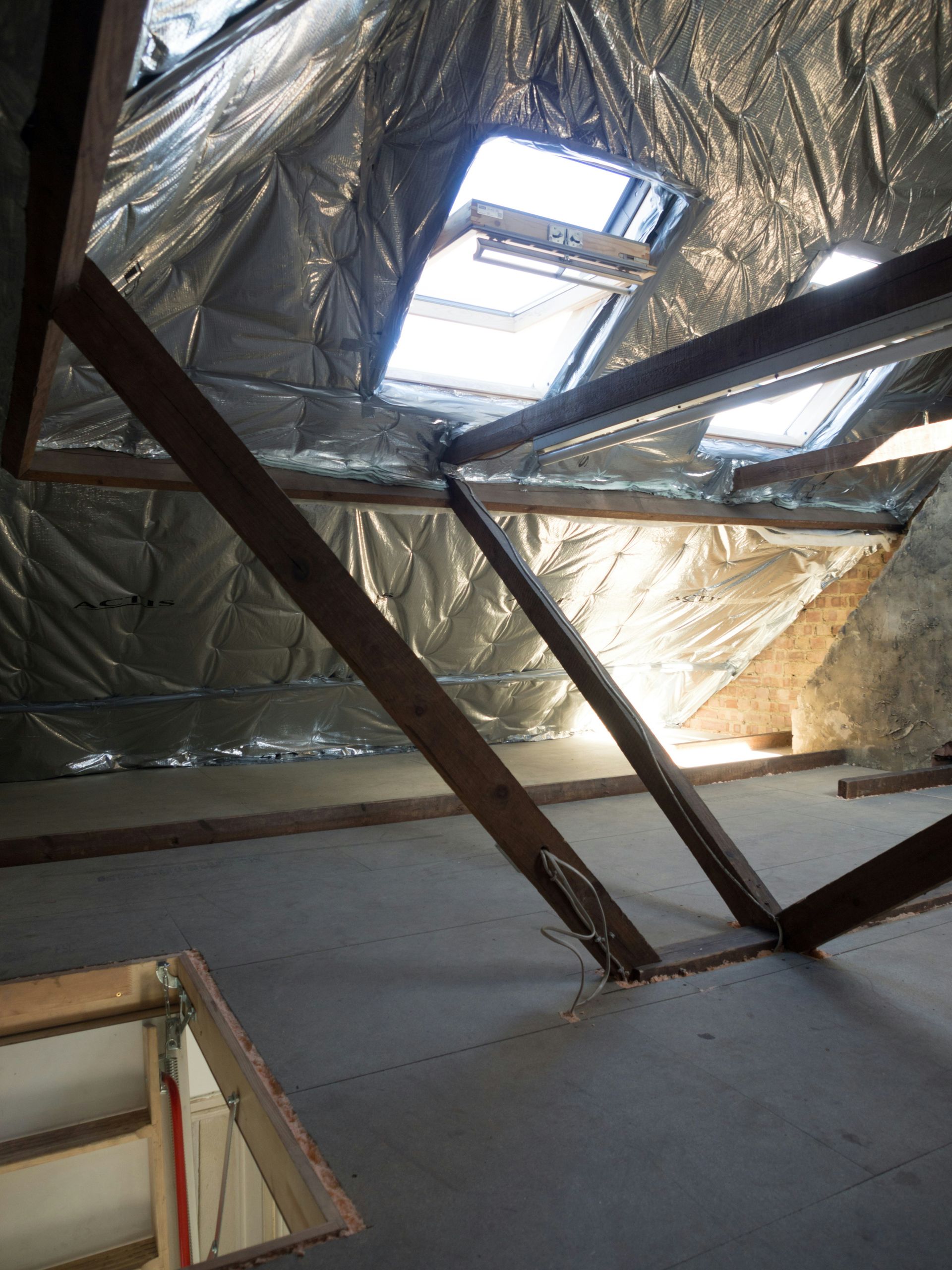 Attic space with insulation and skylights